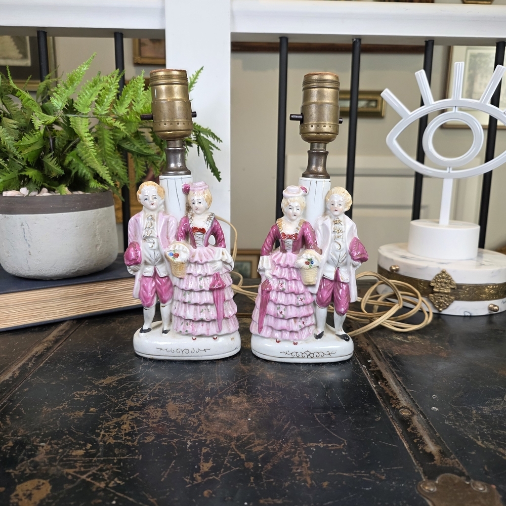 Pair of Vintage Porcelain Lamps Pink Rococo Figurine Table Lamps Boudoir Accent